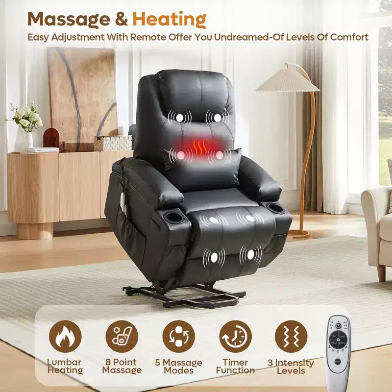 Bestier 34.6'' Electric Power Lift Asist Recliner Chair with Massage and Heat, Fax Leather Reclining Chair with Side Pockets & Cup Holders