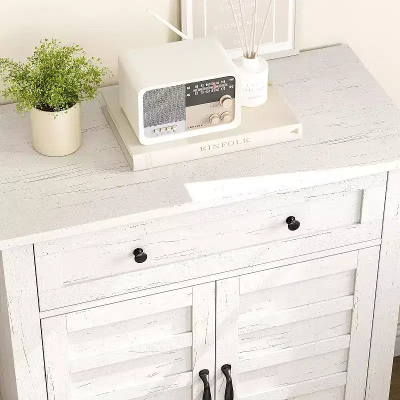 31.5 Rustic Storage Cabinet, with Slatted Doors, 3-Tier Adjustable, Double Door Locker, for Kitchen, Dining Room, and Home Office