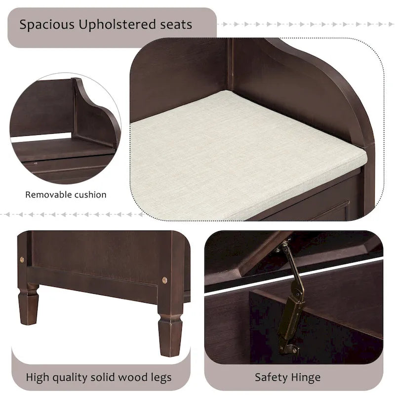 Rustic Solid Wood Entryway Storage Bench with Safety Hinge