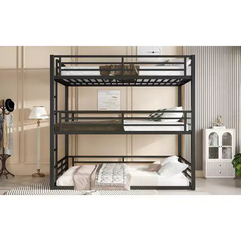 Lit superposé Triple lit complet, lit superposé triple en métal avec garde-corps de sécurité, lit superposé robuste avec design anti-bruit, noir