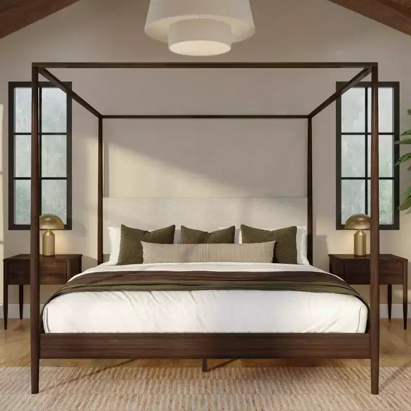 Harbor King Canopy Bed with Upholstered Headboard, Blonde/Swiss Coffee (MD2411-01)