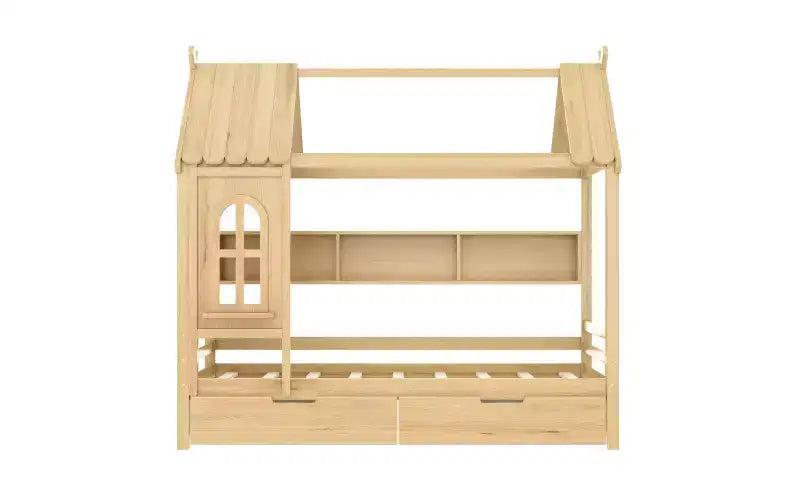 House Platform Bed with Storage Drawers and Window, Solid Wood Frame with Shelves, Childlike Fun Design, Light White