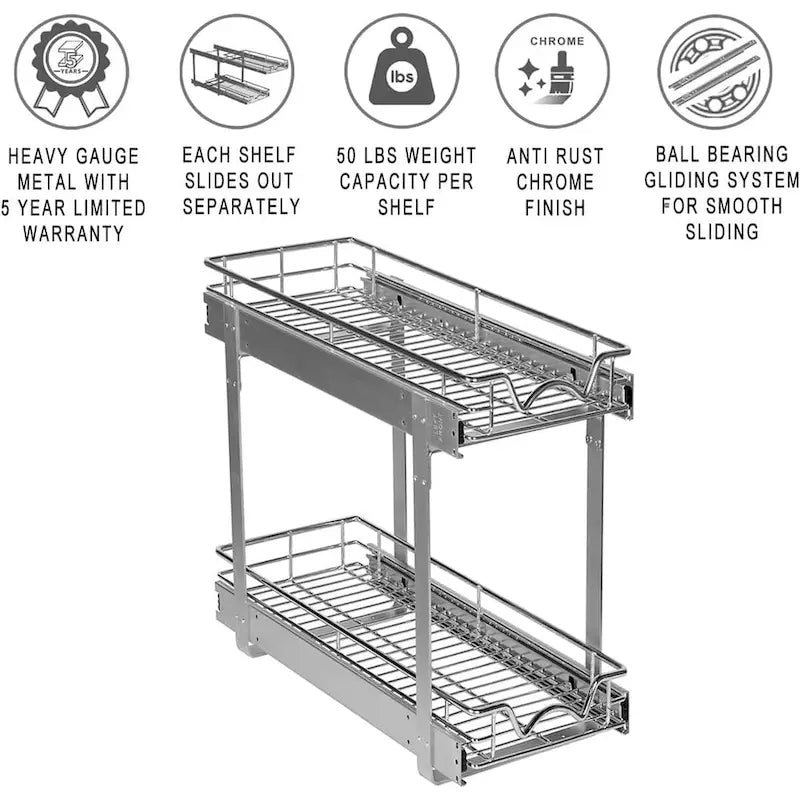 Pull Out Cabinet Organizer 2 Tier  Heavy Duty Metal with Lifetime Limited Warranty - Anti Rust Chrome Finish