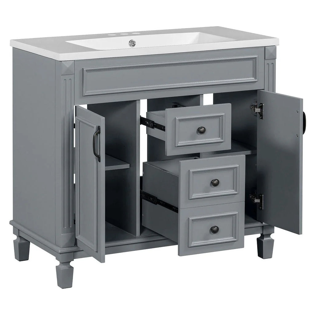 36'' Modern Bathroom Vanity with Top Sink and Mirror Cabinet,2 Doors and 2 Drawers