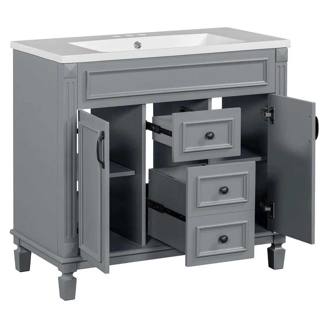 36'' Modern Bathroom Vanity with Top Sink and Mirror Cabinet,2 Doors and 2 Drawers