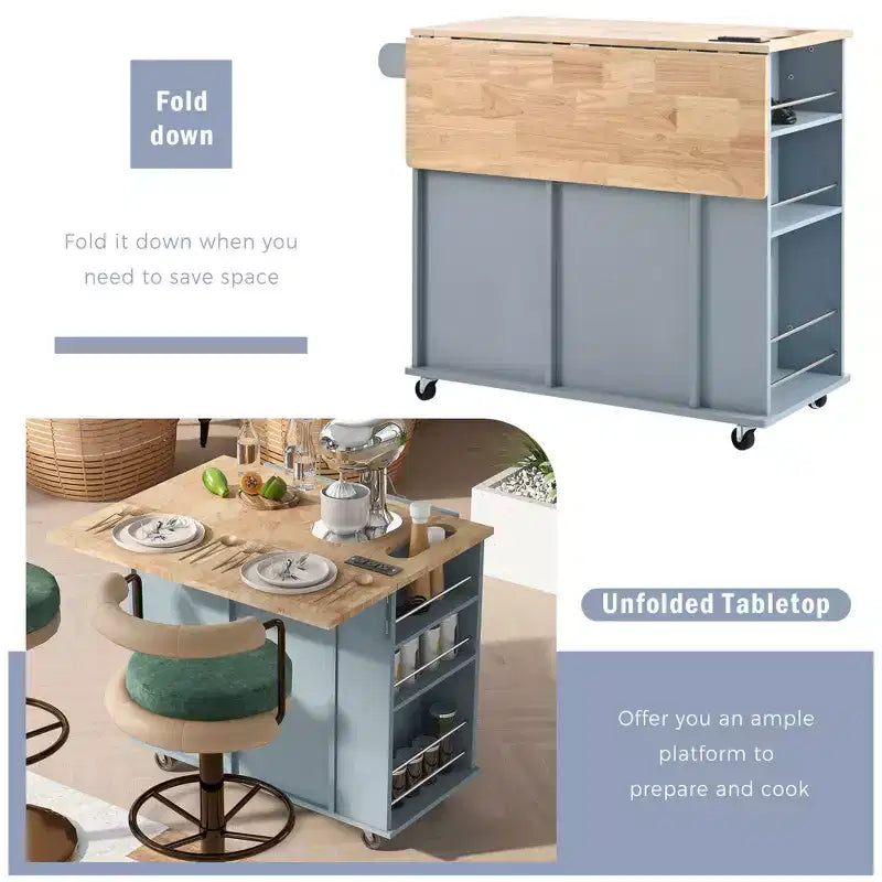 Movable Kitchen Island with Power Outlet, Drop Leaf and Rubber Wood Top