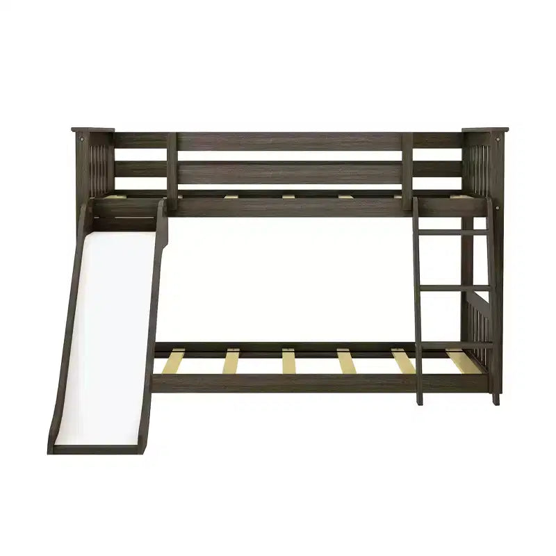 Twin Over Twin Low Bunk With Easy Slide & Black & White Farmhouse Curtain
