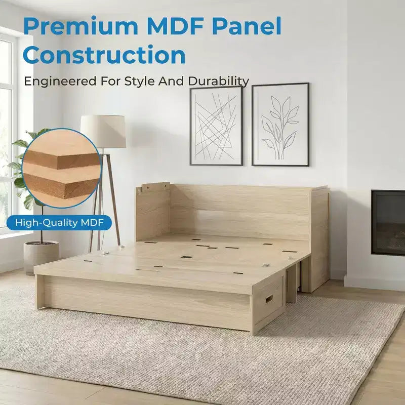 Mjkone Queen Size Convertible Murphy Cabinet Bed with Mattress, USB Charging, Storage Drawers