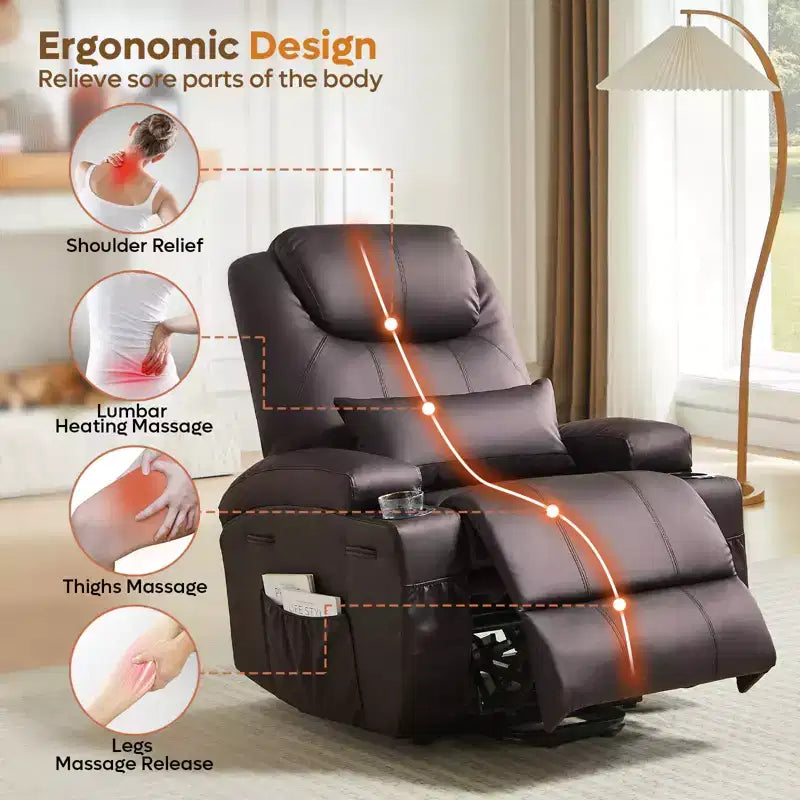 Bestier 34.6'' Electric Power Lift Asist Recliner Chair with Massage and Heat, Fax Leather Reclining Chair with Side Pockets & Cup Holders