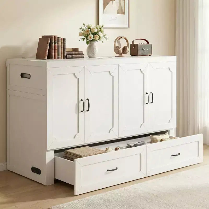 Mjkone Queen Size Convertible Murphy Cabinet Bed with Mattress, USB Charging, Storage Drawers