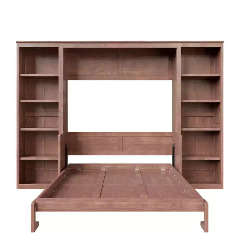 Full/Queen Size Murphy Bed Space-Saving Wall Bed with Desk and Bookshelf, Dark Brown - ModernLuxe