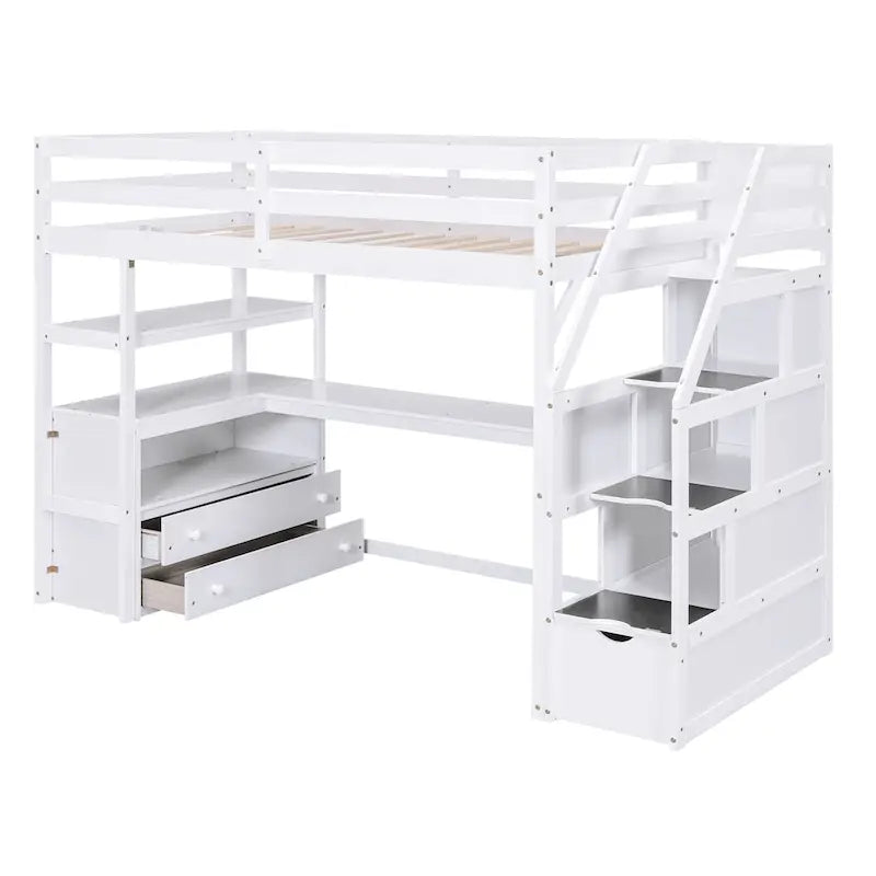 Twin Size Loft Bed with Desk and Shelves, Two Built-in Drawers, Storage Staircase