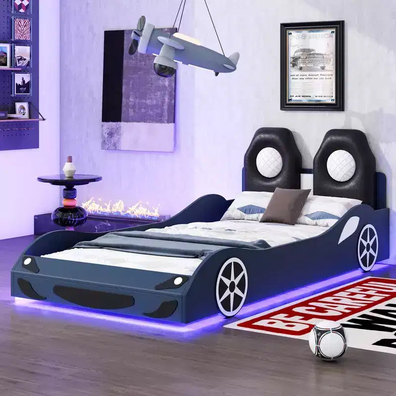 Whisen Wood Twin Size Race Car-Shaped Platform Bed with LED and Upholstered Backrest