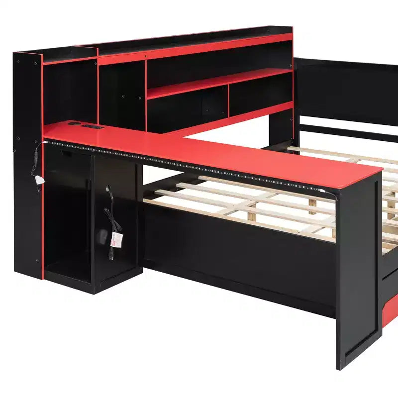 Full/Queen Gaming Daybed with Bookcase Headboard, LED Lights, Integrated Desk, Drawers and Charging Station