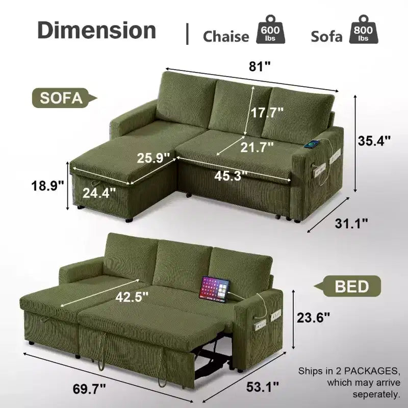 Dyonery 2 in 1 Pull Out Sleeper Sofa with Storage Chaise C Corduroy Sectional Couch with USB Ports for Living Room