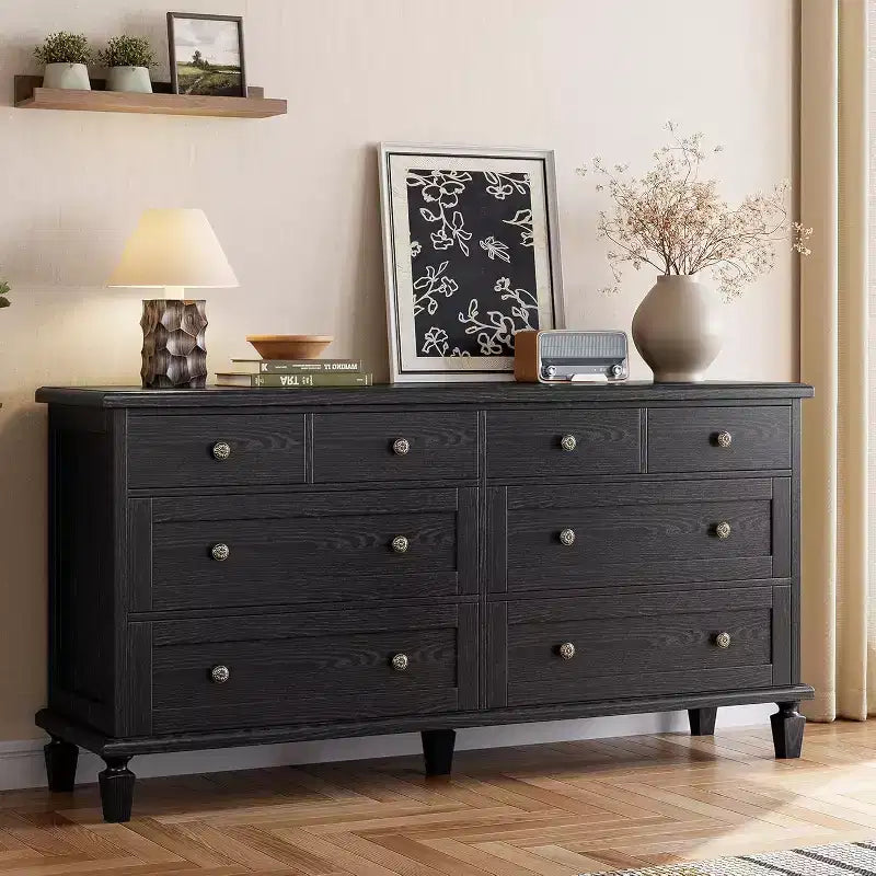 8 Drawer Dresser for Bedroom, Vintage 59 Dresser TV Stand with Carved Handles and Tapered Legs, Wood Chests of Drawers with Large Capacity Storage