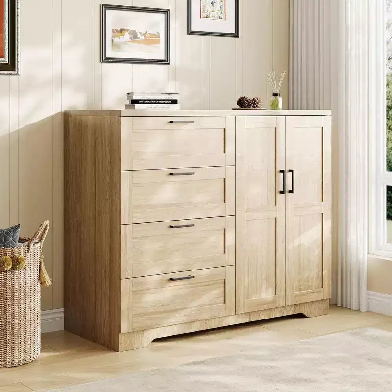 43.3 H Wood Armoire Wardrobe Closet with 4 Drawers & Hanging Rod, Multifunctional Bedroom Clothing Storage Cabinet Dresser