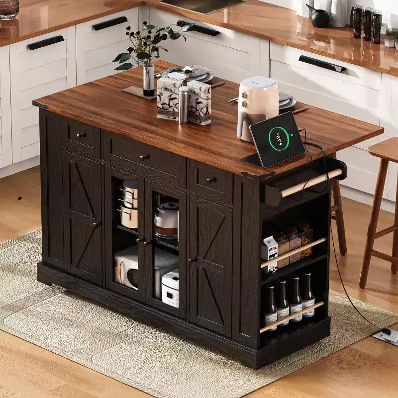 Kitchen Cart with Tempered Glass Doors, Side Racks, Power Outlet, and Drop Leaf