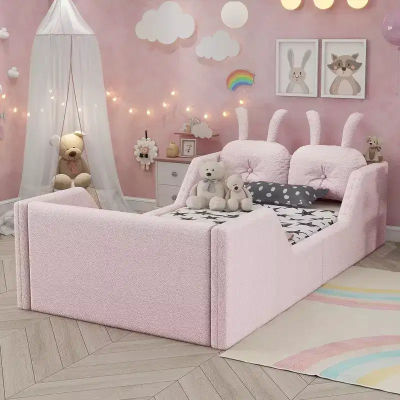 Whisen Twin Platform Bed, Kids Floor Upholstered Bed Frame with Rabbit Cushion, Removable Side Rails