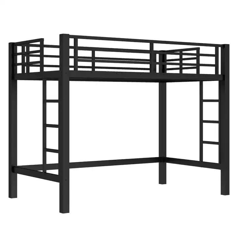 Metal Loft Bed, Space-Saving Loft Bed Frame with Dual Ladders & Guardrails, Black - ModernLuxe