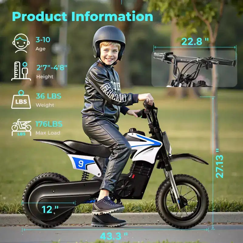 ECOLEAP K1 Kids Electric Dirt Bike 36V  16MPH Fast, 14-Mile Range, 700W Peak Motor, 3-Speed Modes, 12 Off-Road Tires, UL,Ages 3-10