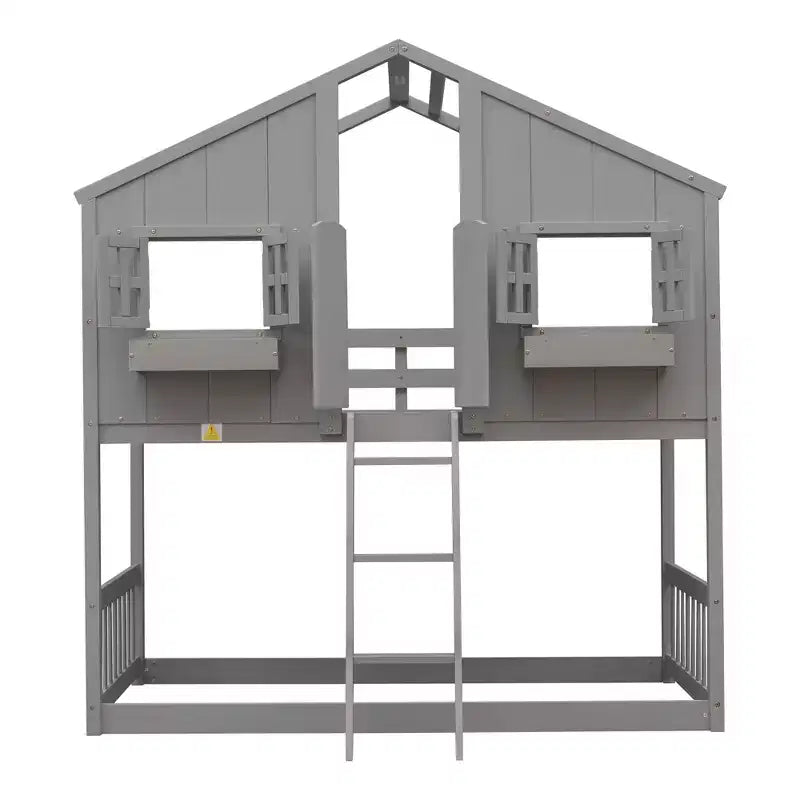Twin Size House-Shaped Loft Bed, Wood Playhouse Loft Bed with Ladder & Guardrails for Kids
