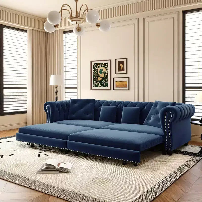 Whisen Velvet 3-in-1 King Size Pull-Out Sofa Bed & Convertible Sleeper Sofa with Movable Ottoman, Tufted Design