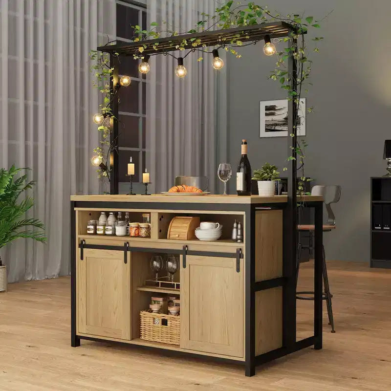 Kitchen Island , Bakers Rack with Sliding Barn Door 42'' Large Kitchen Island Table with 3-Tier Microwave Stand Oven Shelves Coffee Bar Table Set