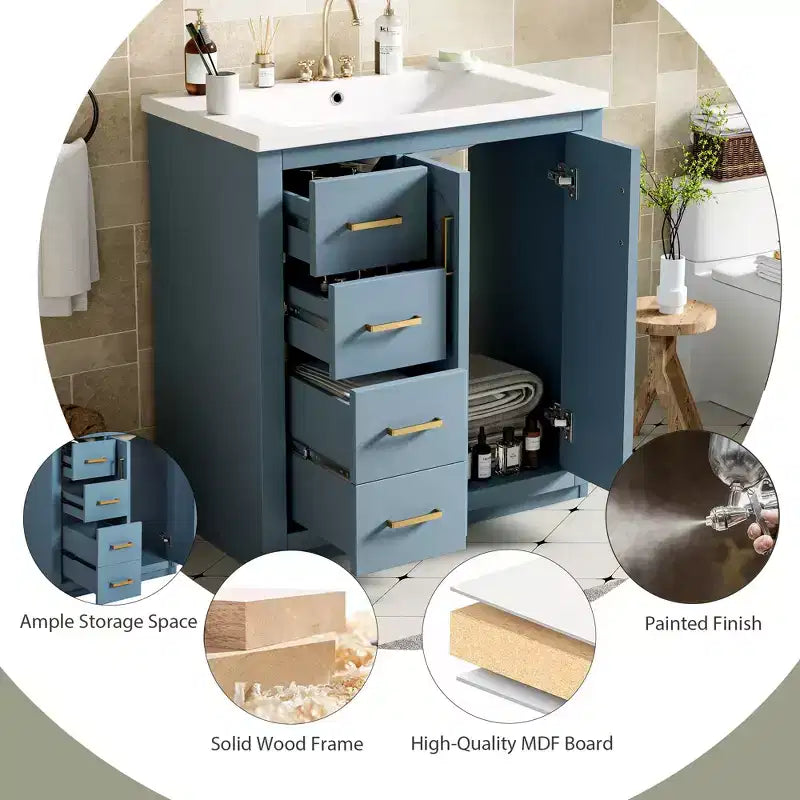 Meuble-lavabo de salle de bain à évier simple de 76 cm avec armoire et 3 tiroirs – Noir / Bleu / Vert / Indigo / Blanc