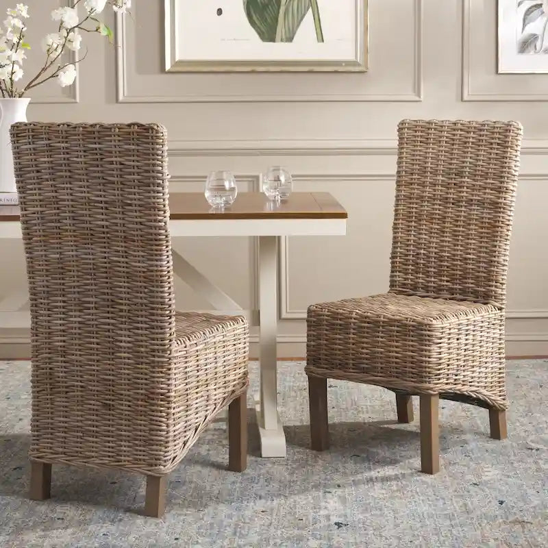 Set of 2 Natural Wicker Dining Chairs 19W x 22D x 41H, Boho Coastal Style