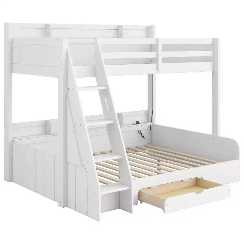 Twin over Full Bunk Bed with Storage, LED Lights & Charging Station, Wood Bunked Bed Beside Shelves for Kids & Teens