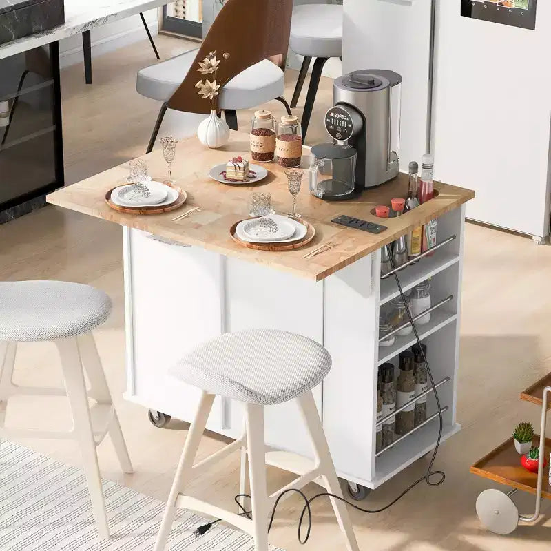 Movable Kitchen Island with Power Outlet, Drop Leaf and Rubber Wood Top