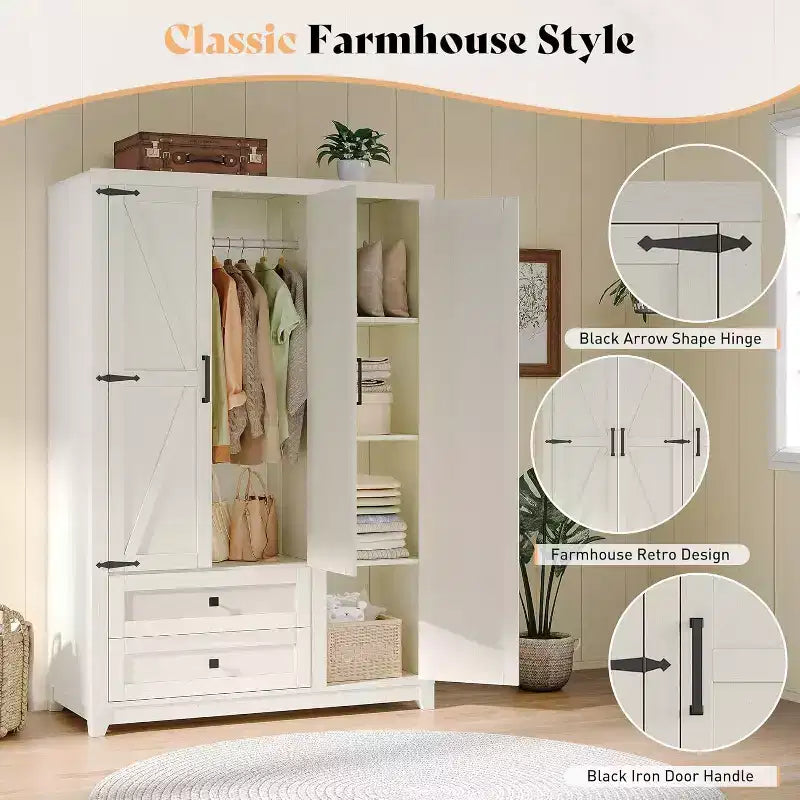 AMERLIFE 47 Farmhouse Wardrobe Armoire with 3 Doors, 2 Drawers, Hanging Rod & Adjustable Shelves, Freestanding Closet Organizer