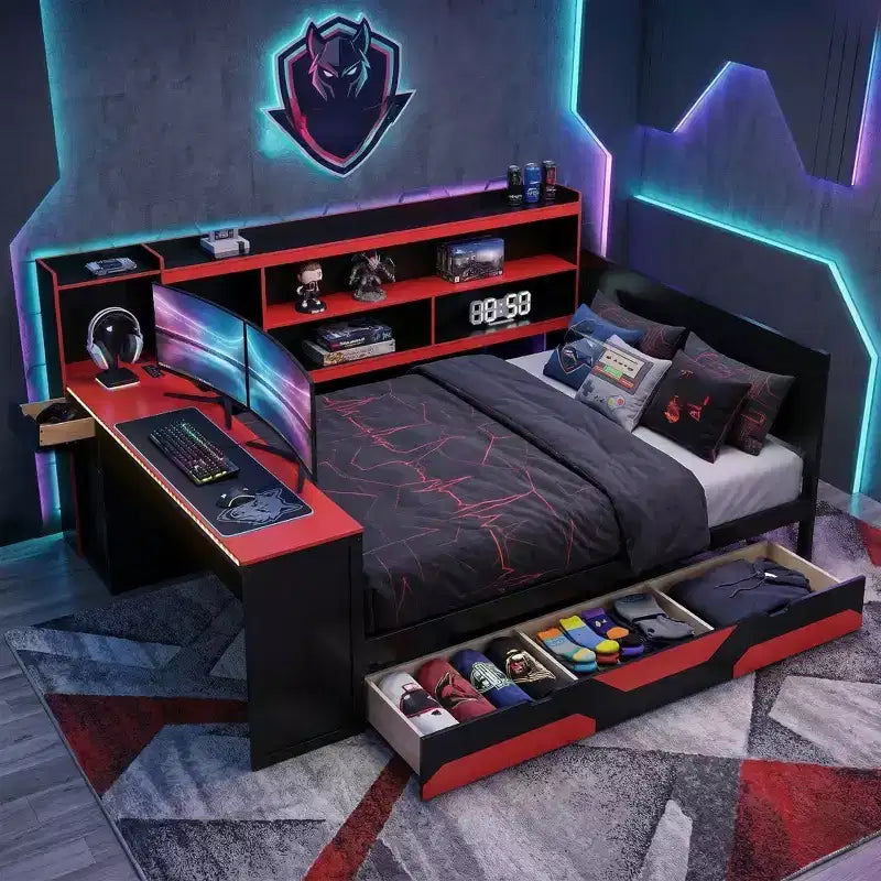 Gamer Hub Daybed with Desk, RGB Lights, Charging Station, Storage Drawers & Bookcase Headboard