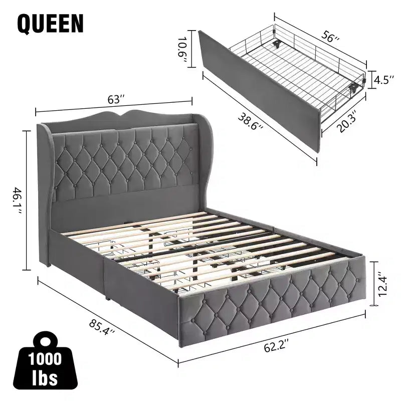 Bed Frame with 4 Storage Drawers and Charging Station, Velvet Button Tufted Upholstered Platform Bed with Tall Headboard and Storage Shelf