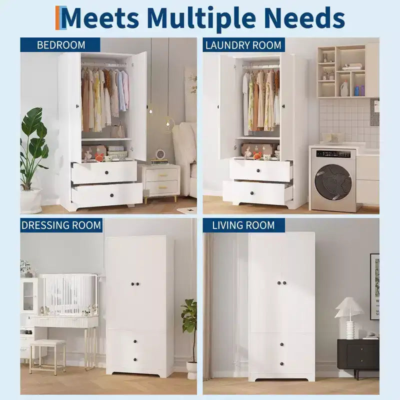 71 Inch Modern Wooden Bedroom Armoire Wardrobe Closet with 2 Doors 2 Drawers Adjustable Shelves Clothing Storage Cabinet and Hanging Rod