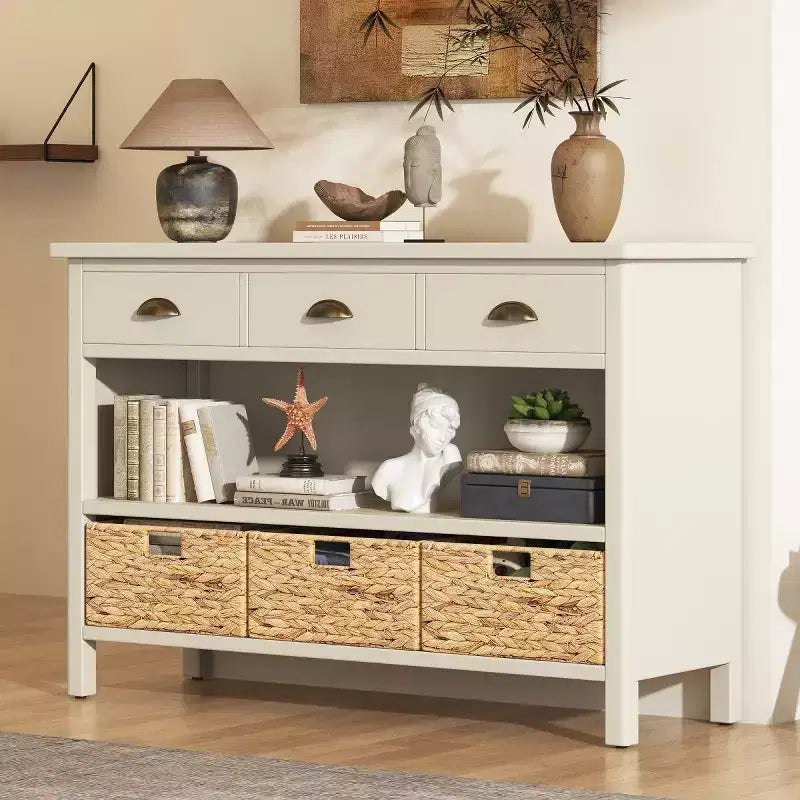 Entryway Console Table with Storage, Farmhouse Hallway Table with 3 Drawers and 3 Water Hyacinth Baskets for Living Room or Foyer - Panipeachy