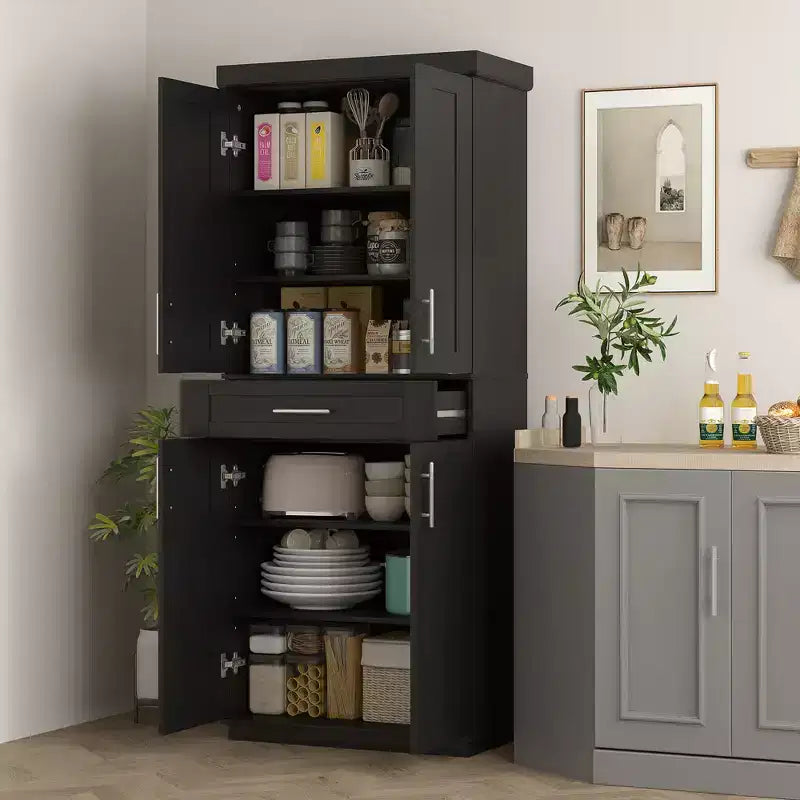 Modern Kitchen Pantry Freestanding Cabinet Cupboard with Doors and Drawer, Adjustable Shelving