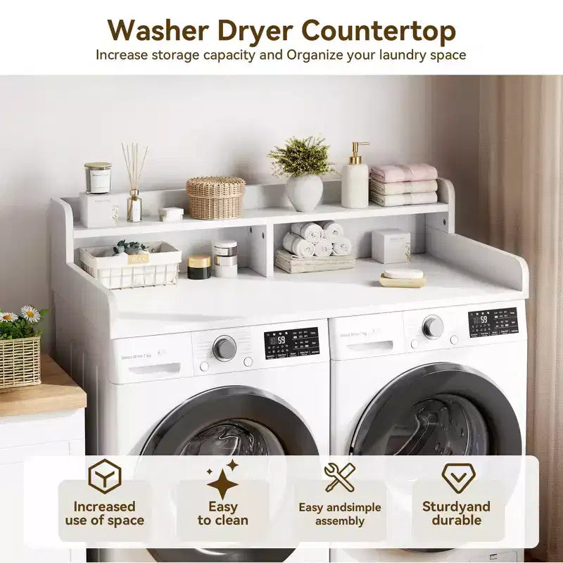 Wood Washer and Dryer Topper, 54 Laundry Countertop with 2-Tier Storage Shelf, Anti-Slip Work Surface with Guardrails for Laundry Organization
