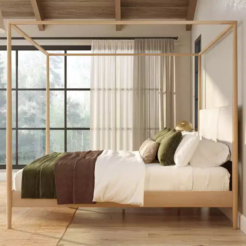 Harbor King Canopy Bed with Upholstered Headboard, Blonde/Swiss Coffee (MD2411-01)