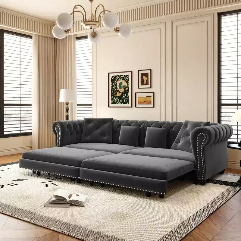 Whisen Velvet 3-in-1 King Size Pull-Out Sofa Bed & Convertible Sleeper Sofa with Movable Ottoman, Tufted Design
