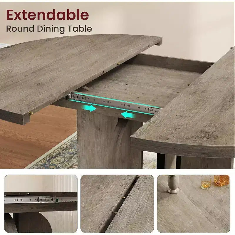 47-63 Extendable Round Dining Table for 4-8, Farmhouse Wood Expandable Kitchen Table with Metal Frame, Oval Space Saving for Apartment, Retro Gray