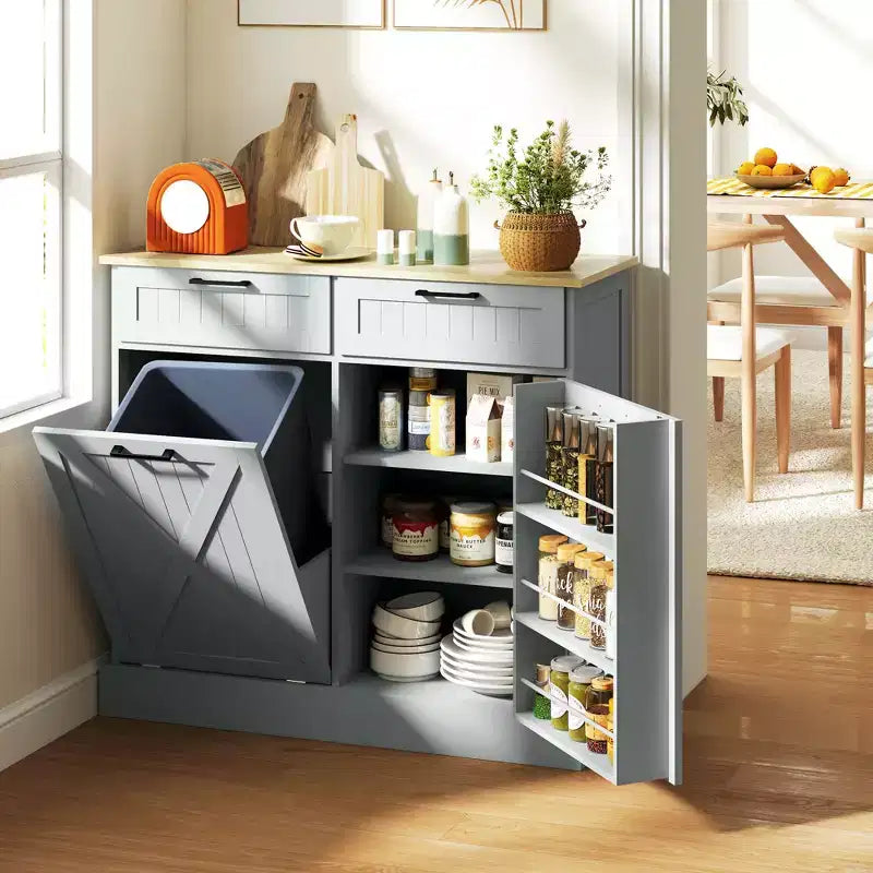 HOMCOM Tilt Out Trash Can Cabinet with Drawers, Farmhouse Kitchen Cabinet with Hidden Trash Can for Kitchen