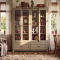 Famapy Light Oak-Grain Display Bookcase: 63W,Sliding Glass Doors + Drawer Storage  Spacious Organizer for Home Libraries & Living Rooms