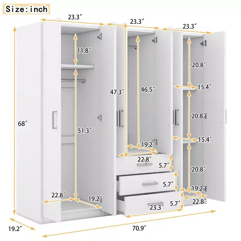 6-Door Wooden Wardrobe with Drawers for Bedroom