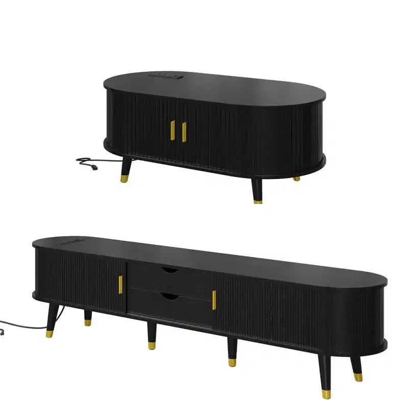 CLIHOME Wooden Farmhouse TV Stand & Coffee Table Set with Charging Station, Oval Fluted Media Console for TVs up to 80