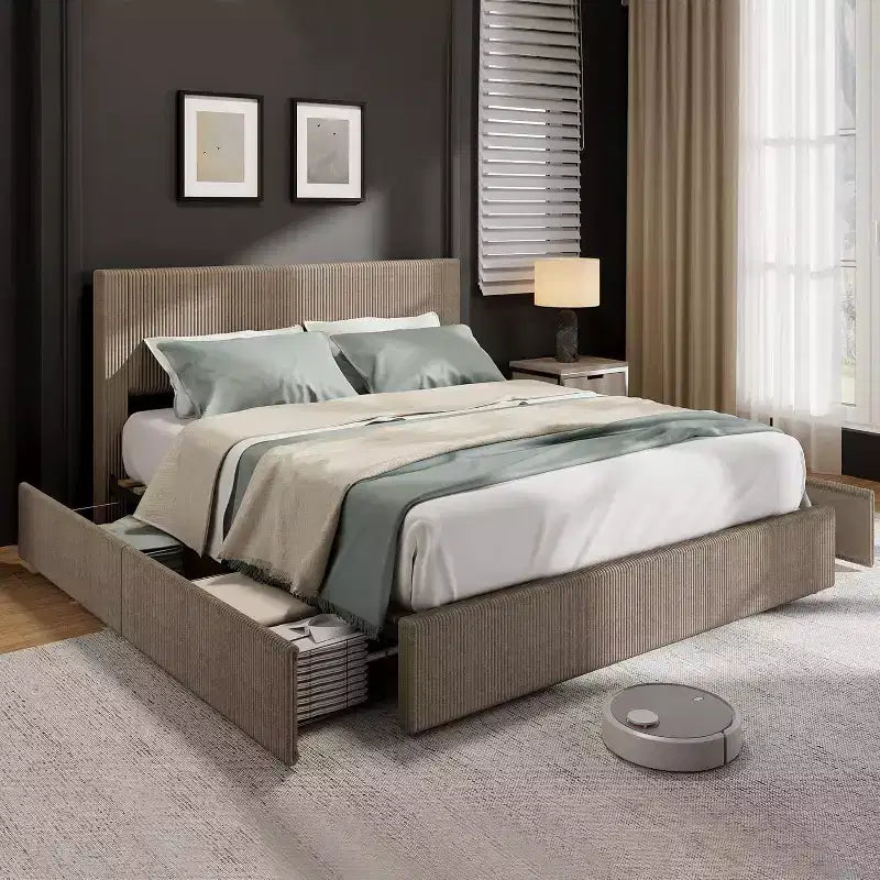 CuisinSmart Cadre de lit en velours côtelé avec tête de lit, cadre de lit rembourré avec plateforme, 4 tiroirs de rangement et support à lattes en bois