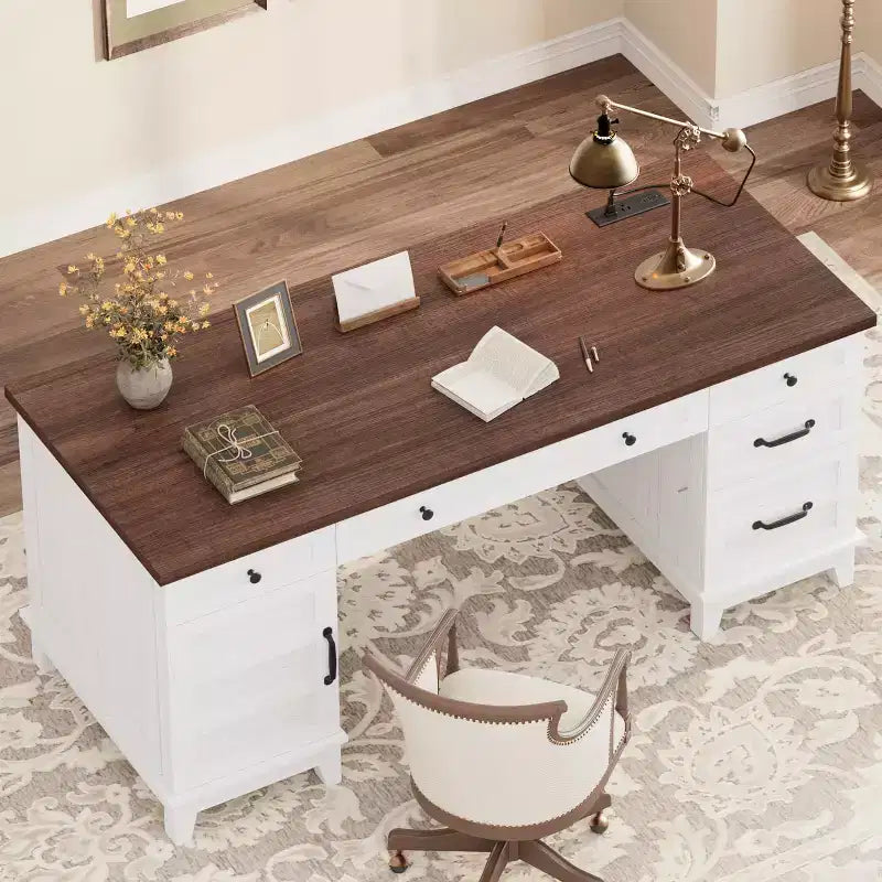 60 Executive Desk with Drawers, Home Office Desk with Charging Station, Wooden Computer Writing Desk for Study, Conference Table for Living Room