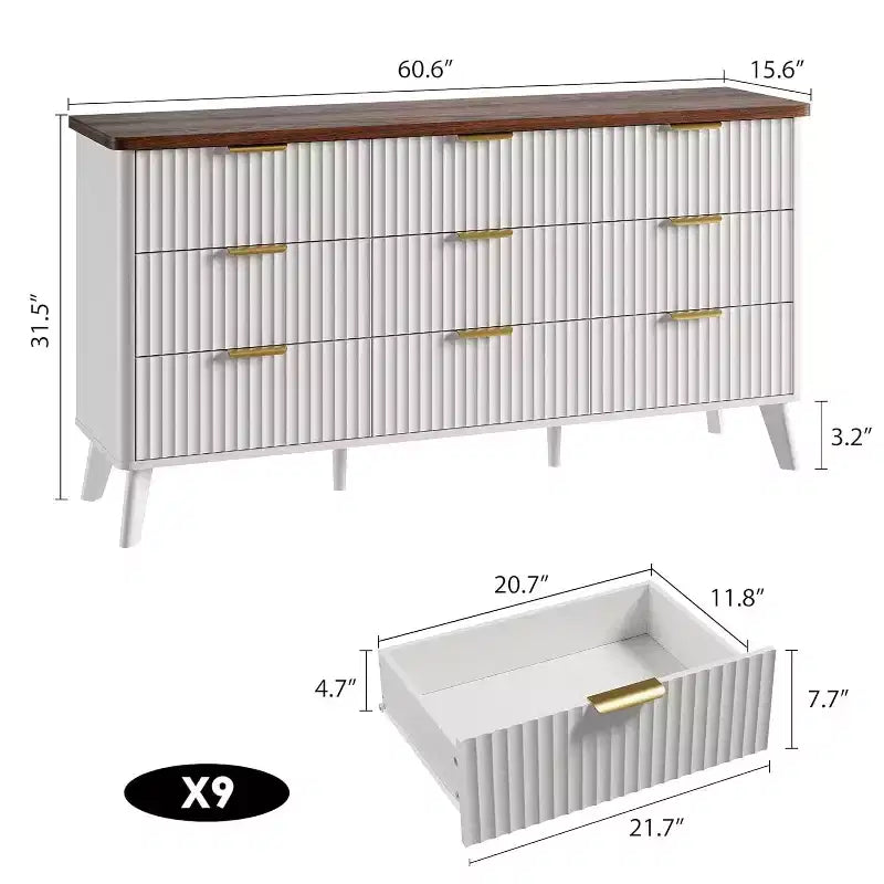 9 Drawers Fluted Dresser, Modern Chest, Wooden Dresser TV Stand, Curved Profile Design, for Living Room, Hallway