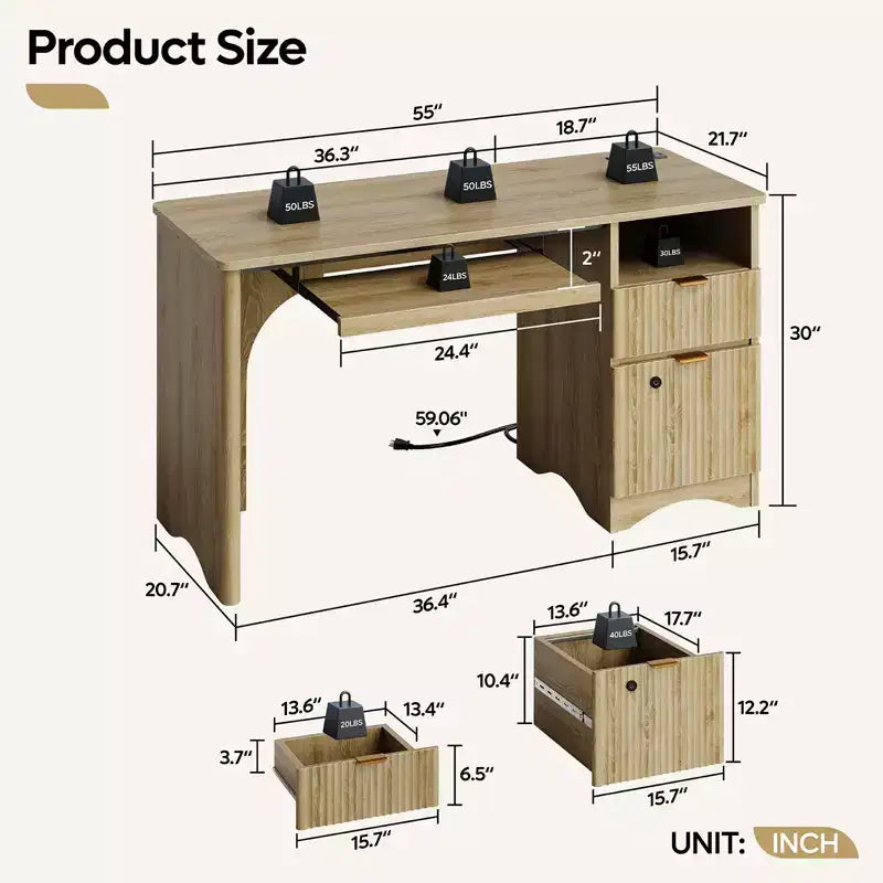 Bestier 55 Smart Computer Desk, Oak Writing Desk with File Drawers and Power Outlet, Executive Office Desk with Open Storage and Keyboard Tray